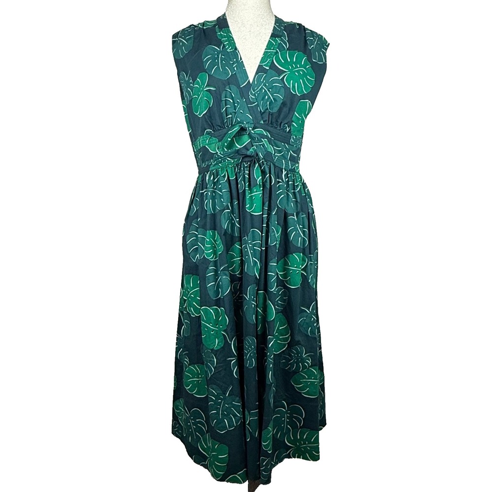 Kate Spade Midi Dress Womens 10 Green Monstera Leaf Tropical K7665 Coastal Prep